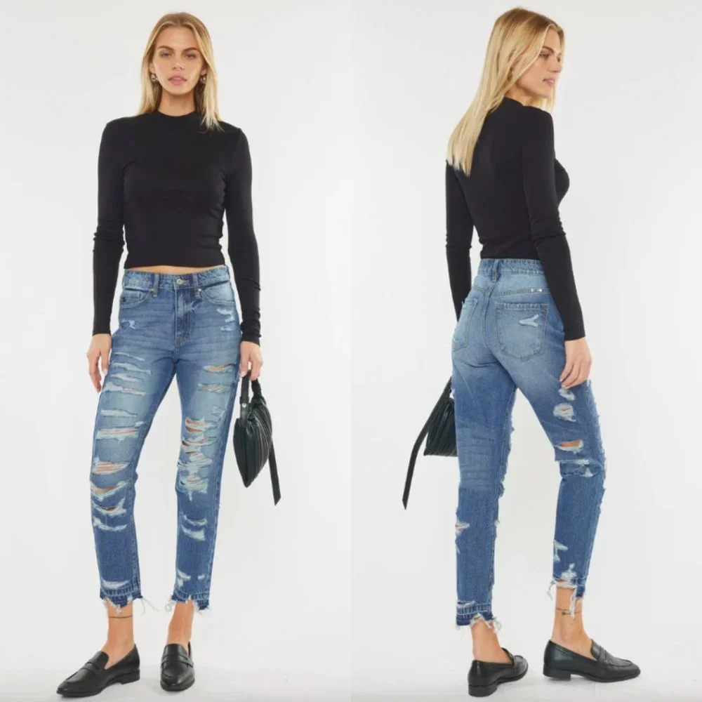KanCan Jeans High Rise Boyfriend Distressed Cropped Medium Wash SZ 13/30 - Picture 2 of 16
